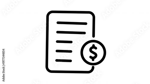 Invoice and Financial Document Animation Icon, Billing Statement with Dollar Coin Symbol, Animated Tax Report Loop with Alpha Channel, Financial Accounting and Payment Paperwork Motion Graphic.