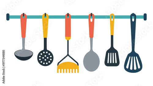 Hanging, kitchen utensils vector art, cooking tools set, spoons, spatulas, ladles, forks, kitchenware illustration, culinary equipment, home cooking concept, flat vector graphics for restaurant, menu,