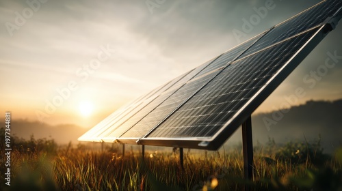 Refined solar panel facing sunrise on dewy grass and morning sky