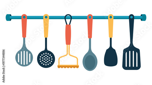 Hanging, kitchen utensils vector illustration, cooking tools set, spoons, spatulas, ladles, forks, kitchen equipment icons, culinary design, home and restaurant cooking concept, flat vector graphics 