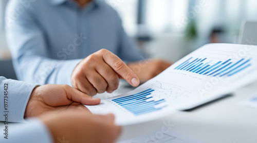Close-up of two hands (faceless) comparing two financial documents with abstract graphs on a clean white desk, Mid-Year Performance concept, sharp focus on the paper edges and skin