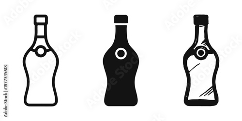 Brandy or cognac bottle icon set featuring outline, solid and hand-drawn versions