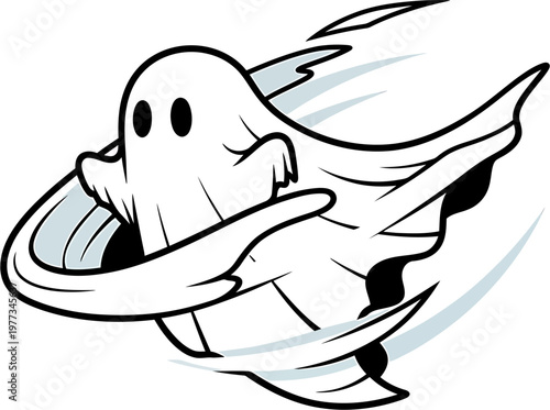 Whimsical and energetic spectral apparition illustration, depicting a fast-moving cartoon ghost with flowing ethereal wisps, an iconic spooky concept for seasonal designs