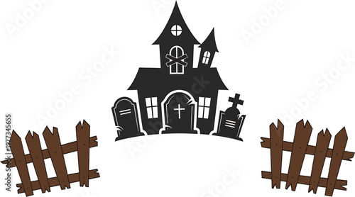 Eerie haunted house silhouette with a dilapidated wooden fence and tombstone accents, perfect for Halloween spooky season designs and creepy illustrations