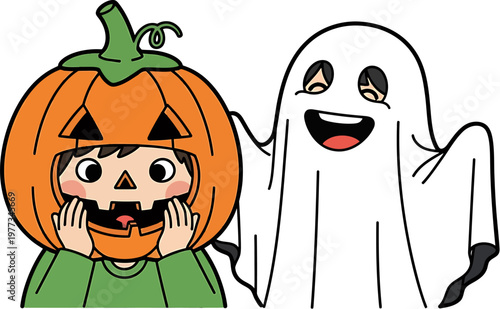 A happy child dressed as a jack-o'-lantern and a grinning ghost celebrating Halloween with excitement