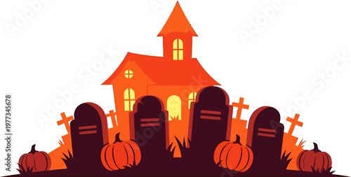 Eerie Halloween night illustration featuring a haunted house with glowing windows, surrounded by ominous gravestones and festive pumpkins, creating a spooky autumn scene perfect for holiday designs