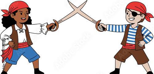 Two young children dressed as pirates joyfully engaging in a playful sword fight, embodying adventure and childhood imagination