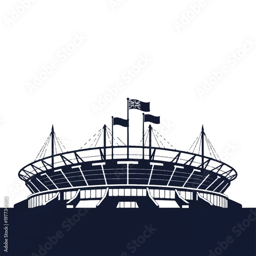 Abstract silhouette of a futuristic soccer stadium with three flag poles representing the host nations, negative space composition, bright daylight feel, professional and sleek, flat vector