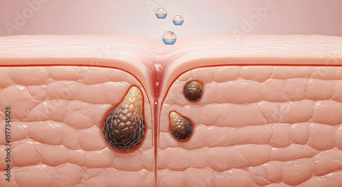Crosssection of skin with sebaceous cysts and oil glands underneath the surface