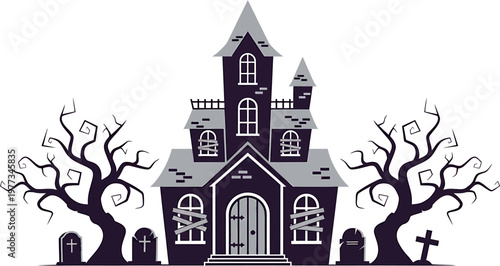 Creepy haunted mansion with dead trees and tombstones, evoking a spooky Halloween atmosphere perfect for holiday decorations or thematic designs