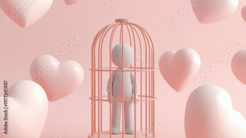 AI-Generated 3D pastel scene of a figure in a cage with hearts and chat bubbles, symbolizing digital love addiction arts