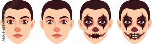 Transformation from a normal face to a scary clown makeup look, step by step, illustrating the creative process of Halloween transformation