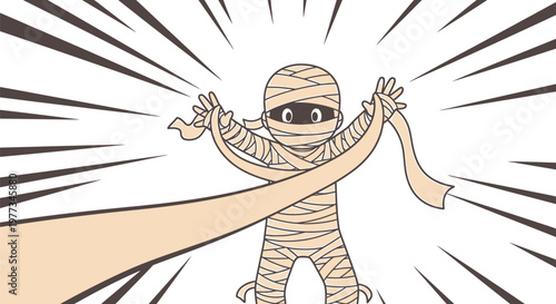 A cartoon character wrapped in bandages like a mummy, with arms outstretched and a surprised or startled expression, surrounded by motion lines