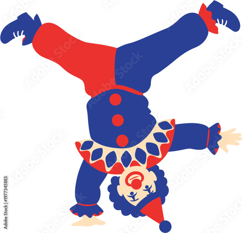 A playful cartoon of a clown doing a handstand, dressed in blue and red, with a smiling face and a cap, capturing the joy of circus entertainment