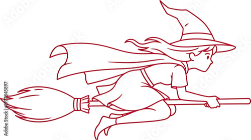 A charming and whimsical illustration of a young witch soaring through the night sky on her trusty broomstick, embodying the magic of Halloween