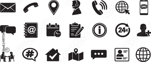 Solid contact icon set with email, phone, address, customer service and essential communication.