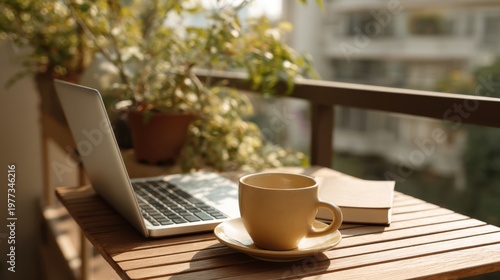 Sunlit balcony coffee with open laptop and ceramic cup