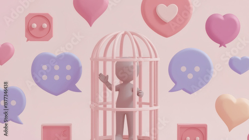 AI-Generated 3D pastel scene of a figure in a cage with hearts and chat bubbles, symbolizing digital love addiction arts