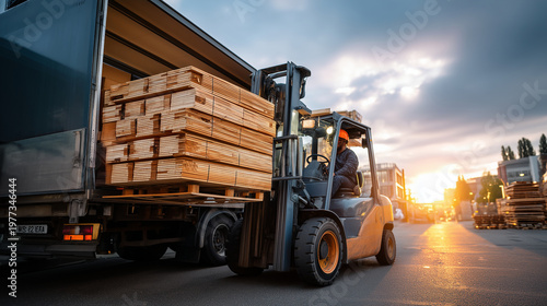 forklift loading plywood sheets onto truck industrial logistics scene wide shot