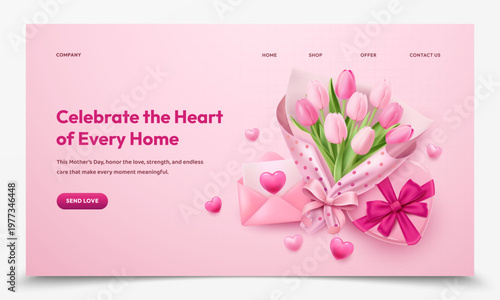 Mother’s Day Landing Page with Tulips Bouquet Gift and Romantic Pink Theme