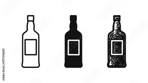 Tall spirits or wine bottle icon collection in three different illustrative styles
