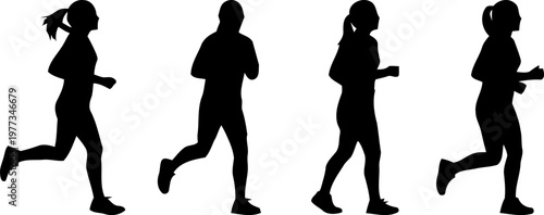 Silhouettes of four women running a dynamic depiction of movement and athleticism