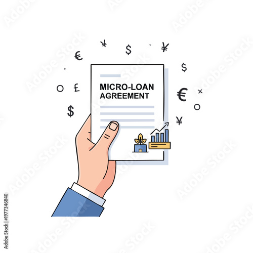 Hand holding micro loan agreement document with financial growth icons.