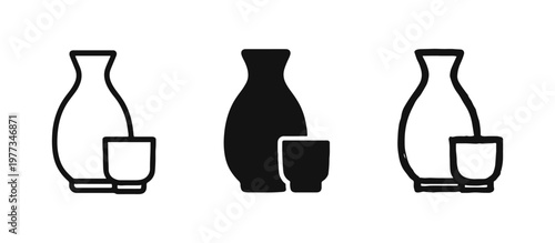 Japanese sake carafe and cup icon set in three styles for oriental theme design
