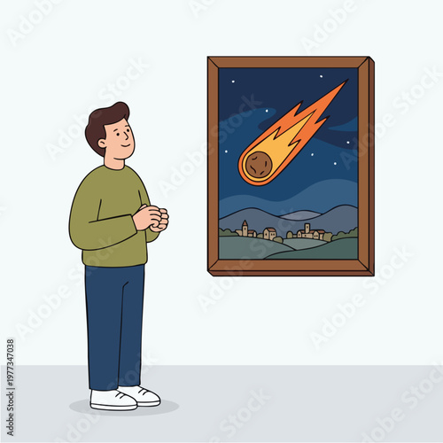 Man admiring a painting of a meteor shower.