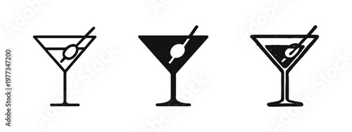 Martini glass icon set, cocktail icons in outline, solid and hand-drawn styles, alcohol drink vector illustration