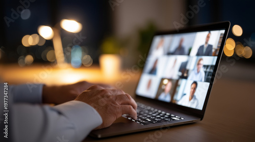 Close-up of hands on a laptop at a bright international video conference showing multiple team member participants from different locations, a shared document with project agenda b