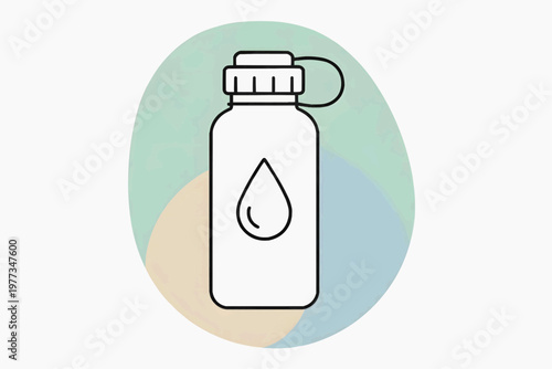 Reusable water bottle with a drop on a colored abstract background. Flat vector illustration.