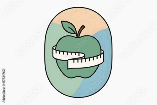 A green apple with a measuring tape, symbolizing healthy eating and the concept of a healthy lifestyle. Flat vector illustration.