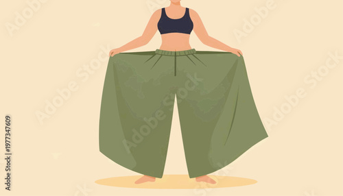 A slim girl shows off wide pants after losing weight. Flat vector illustration.