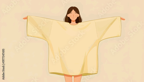 A woman showing a t-shirt she wore before she lost weight. Flat vector illustration.