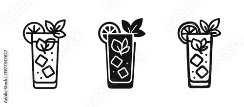 Mojito cocktail icons set, tall glass with mint and lime icons in outline, solid and hand-drawn style, vector drink