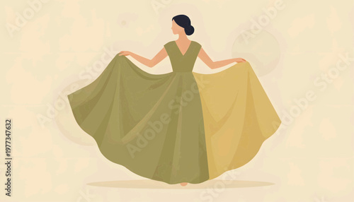 A woman demonstrates a re-tailored dress after losing weight. Flat vector illustration.