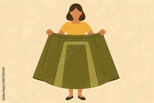 A woman demonstrates weight loss by holding a large skirt. Flat vector illustration.