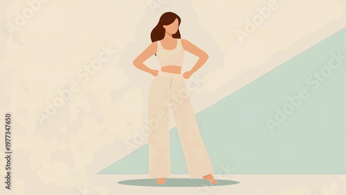 A woman shows her figure after losing weight. Flat vector illustration.