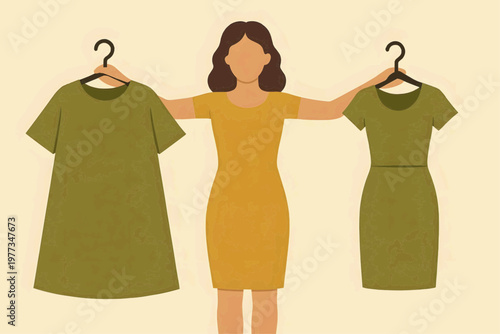 A woman compares two dresses, before and after losing weight. Flat vector illustration.