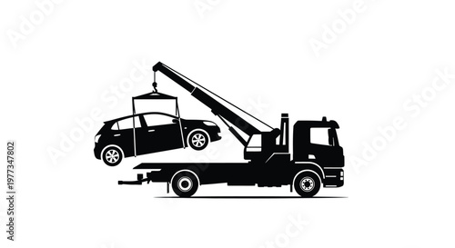 A tow truck lifting a car with a crane depicted in a bold silhouette