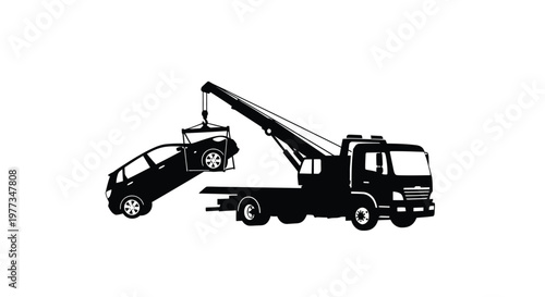 A black silhouette of a tow truck lifting a damaged car silhouette