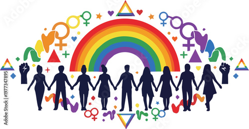 Diverse group of people holding hands under a rainbow with various gender symbols around them.