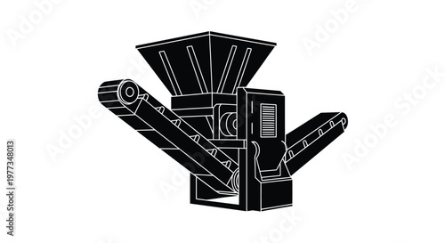 Industrial machinery illustration depicting a conveyor system and crushing device silhouette