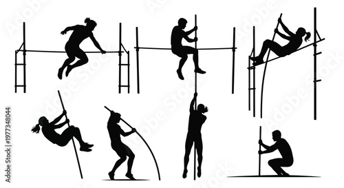 Athletes competing in various track and field jumping events a dark silhouette