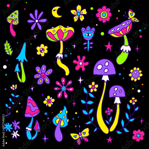 Psychedelic mushroom vector illustration with trippy line art elements. Mystical colorful fungi design. Perfect for posters, stickers, apparel, prints.