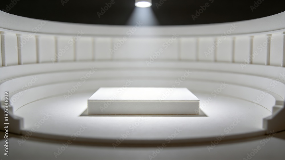 Fototapeta premium A white circular miniature amphitheater model with tiered seating surrounding a small square platform in the center, illuminated by a spotlight from above.