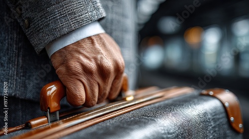 Close Up Stylish Man in Suit Holding Vintage Suitcase Handle