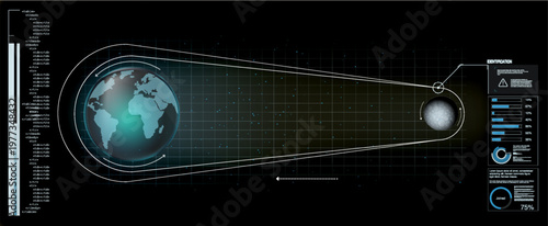 High-tech HUD display with data visualization for a space mission. Shows Earth, Moon, and an orbital path on a dark grid. Sci-fi concept with blue and white graphics, charts, and infographics