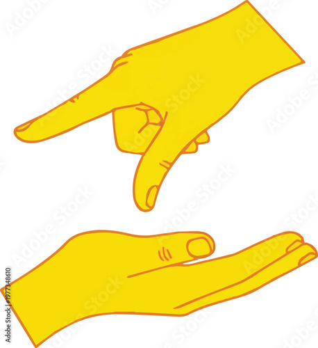 Two yellow hands are shown in an illustration, one pointing and one open.